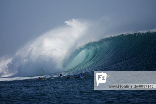Surfers look on as a large wave rolls through at G-Land  Java  Indonesia.