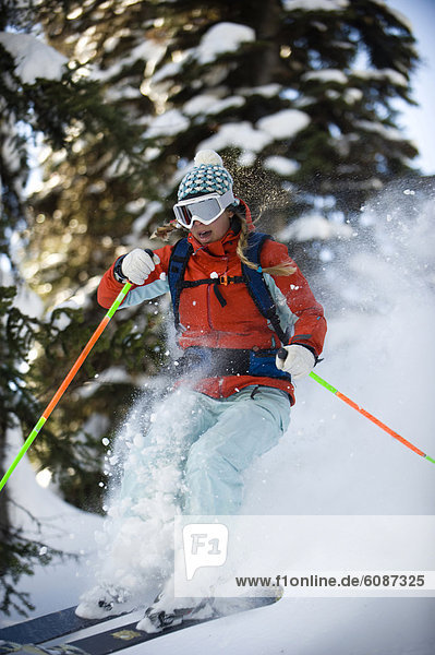 Frau  Berg  Skifahrer  fangen  Baum  Himmel  unbewohnte  entlegene Gegend  Selkirk Mountains  Kanada