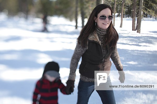 A mother snowshoes with her 4 year-old son in the snow covered wilderness of Lake Tahoe  Calfornia.