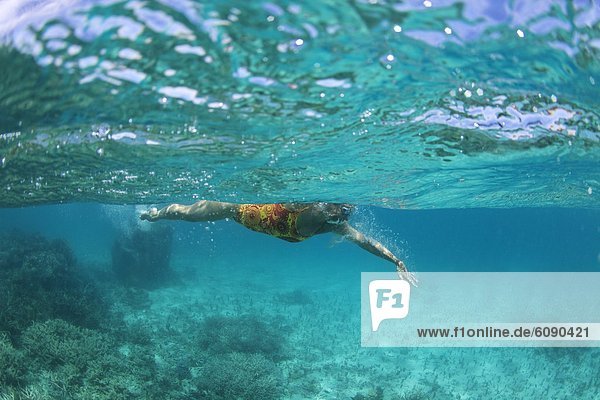 Underwater view of a swimmer enjoying a relaxing swim in the tropical waters off of the Yasawas Islands  Fiji.