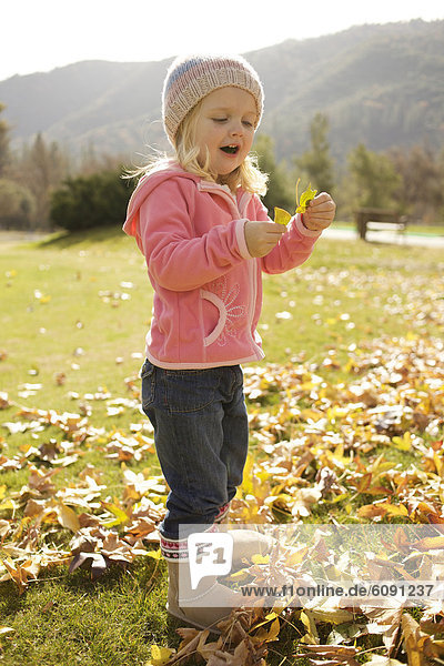 Young girl picks up dry leaves.