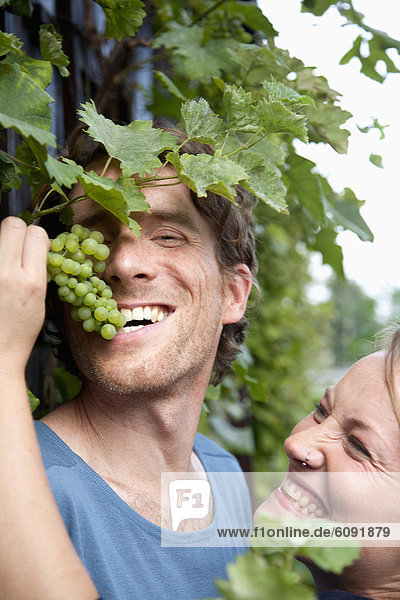 Woman feeding man with grapes in allotment garden