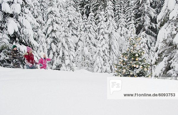 Österreich,  Salzburger Land,  Junge und Mädchen gehen durch den Schnee und beobachten den Weihnachtsbaum