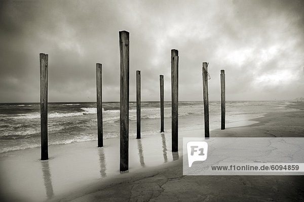 A sepia toned shot of old beach posts at the shoreline with clouds and ocean in the background.
