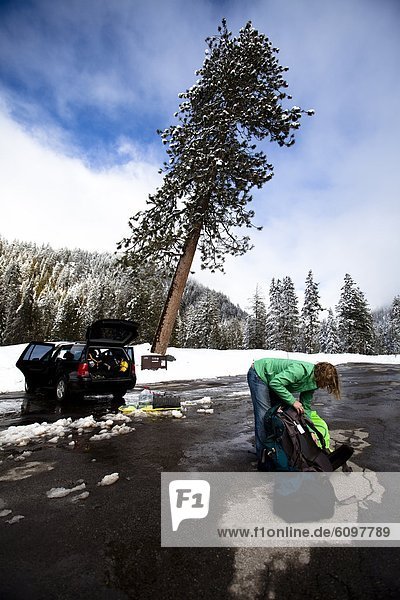 Frau  Auto  Vorbereitung  wandern  auspacken  Sequoia  Kalifornien