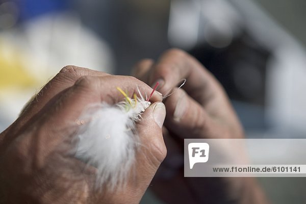 A close-up view of hands tying a fly to fishing line.