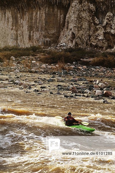 A whitewater kayaker surfs and plays in the waves of Ledge Rapid on the Salt River  AZ.
