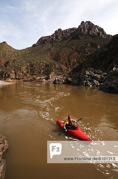 Whitewater kayakers paddle downstream during a river trip on the Salt River  AZ.