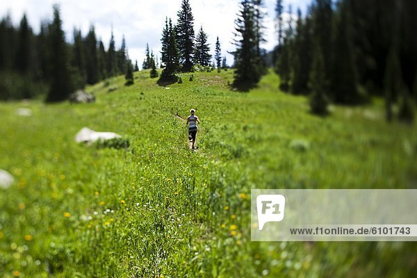 A young woman runs down a mountain trail through a field of wildflowers.