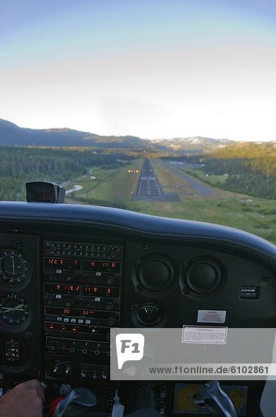 Approaching the runway of the South Lake Tahoe Airport in a small airplane getting ready to land  CA.
