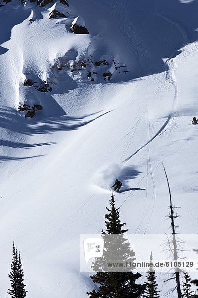Berg  Snowboardfahrer  drehen  groß  großes  großer  große  großen  schnitzen  Gesichtspuder  Colorado