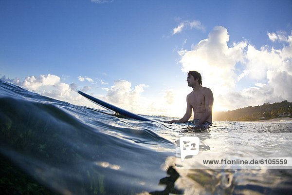A young man surfing into the light at Monster Mush  on the north shore of Oahu  Hawaii.