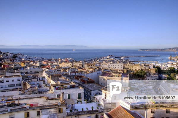 A rooftop view of the city of Tangier looking out onto the Mediterranean Sea  Morocco.