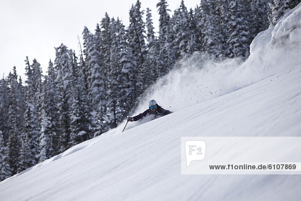 A athletic skier rips fresh deep powder turns in the backcountry on a stormy day in Colorado.