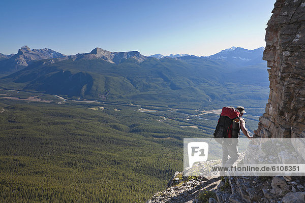 A hiker traverses a ledge  Castle Mountain  Banff National Park  Alberta  Canada.