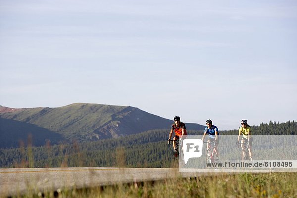 A group of three cyclists riding at the crest of a mountain pass near Vail  Colorado.