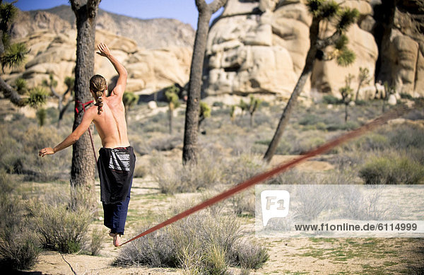 zwischen  inmitten  mitten  benutzen  Mann  balancieren  gehen  Baum  Seil  Tau  Wüste  2  Schutz  Kalifornien  eng