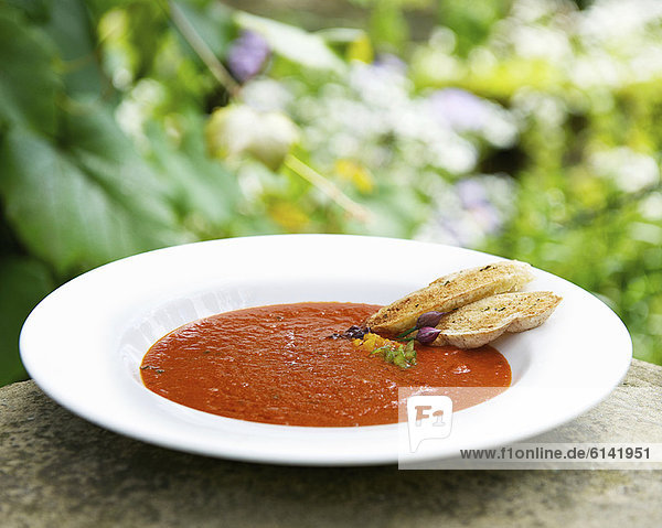 Schüssel mit Tomaten-Basilikum-Suppe
