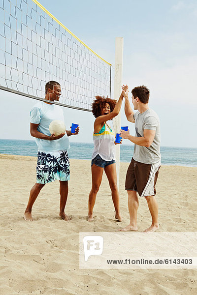 Friends on beach with volleyball and net