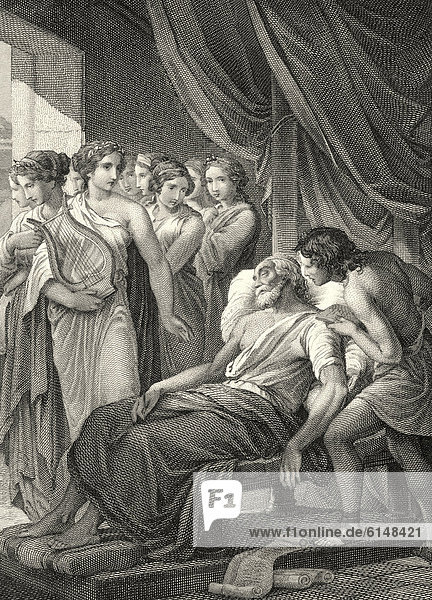 Historic steel engraving by Ferdinand Rothbart  1823 - 1899  a German illustrator  drawing of the dying Philemon  Philemon's Death by Karl August Georg Maximilian Graf von Platen-Hallermuende
