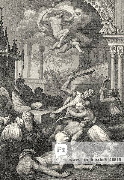 Historischer Stahlstich Schlachtengemetzel Illustration zu Oberon ein Versepos von Christoph Martin Wieland