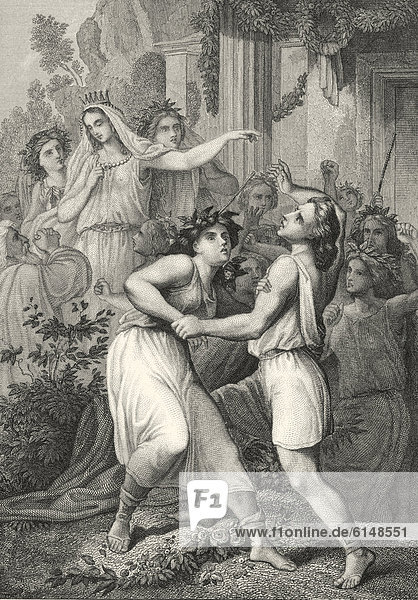 Historic steel engraving  dance of the virgins  scene from Daphnidion  The Rose of Hexameron of Rosenhain by Christoph Martin Wieland