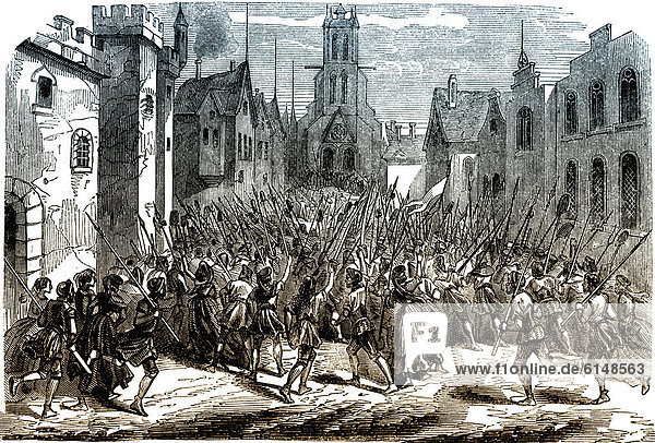 Historische Zeichnung  19. Jahrhundert  Darstellung aus der französischen Geschichte  Revolte in einer fränkischen Stadt im 12. Jahrhundert