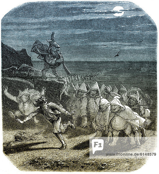 Historische Zeichnung  19. Jahrhundert  Gestalten mit Kapuzen kommen aus dem Meer  Szene aus einem norwegischen Märchen