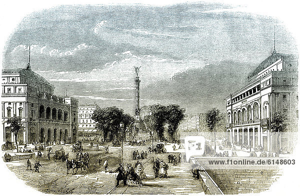 Historische Zeichnung  19. Jahrhundert  Place du Ch‚telet  ein Platz in Paris  die Siegessäule du Palmier  das ThÈ‚tre du Ch‚telet und ThÈ‚tre de la Ville von Gabriel Davioud  Frankreich  um 1860