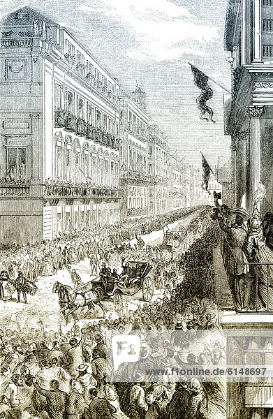 Historische Zeichnung  19. Jahrhundert  Darstellung aus der italienischen Geschichte  der triumphale Einzug des Giuseppe Garibaldi in Neapel am 7. September 1860  Italien