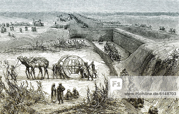 Historische Zeichnung  19. Jahrhundert  Arbeiter beim Bau des Sueskanal oder Suezkanal  1861