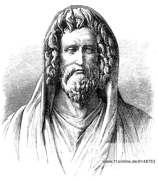 Historische Zeichnung aus dem 19. Jahrhundert  Portrait von Numa Pompilius  750 - 672 v. Chr.  der sagenhafte zweite König von Rom