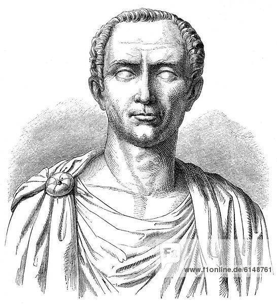 Historische Zeichnung aus dem 19. Jahrhundert  Portrait von Gaius Iulius Caesar oder Gaius Julius Cäsar  100 - 44 v. Chr.  ein römischer Staatsmann  Feldherr und Autor