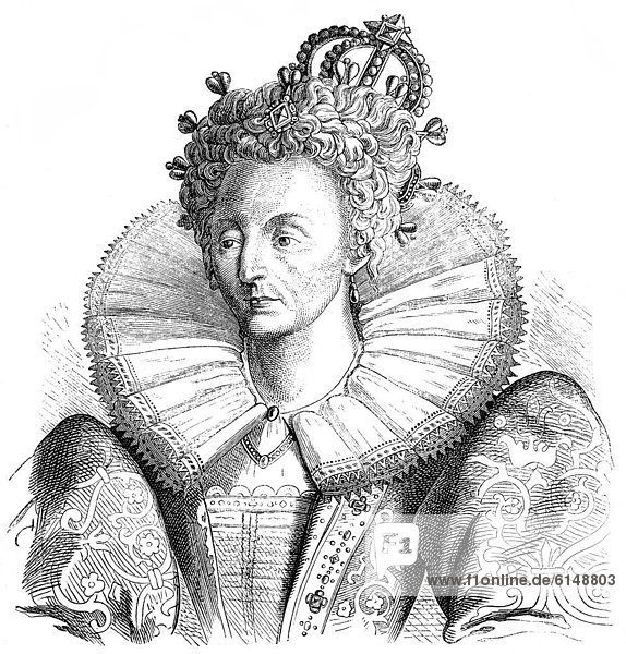 Historische Zeichnung aus dem 19. Jahrhundert  Portrait von Elisabeth I.  1533 - 1603  Königin von England
