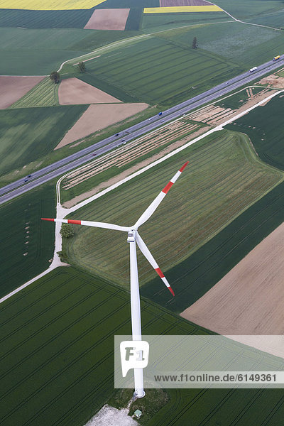 Aerial view  wind turbine  wind farm  Autobahn  motorway  Baden-Wuerttemberg  Germany  Europe