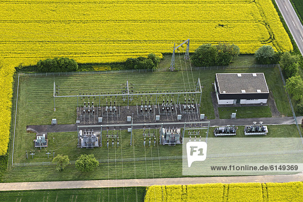 Aerial view  electric power transformation substation  Dornstadt  Baden-Wuerttemberg  Germany  Europe
