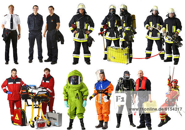 Feuerwehrleute in verschiedenen Uniformen  u.a. Chemikalien-Schutzanzug  Rettungssanitäter  Höhenretter  Taucher  Seuchenschutzanzug