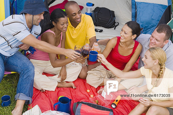 Multi-ethnic friends toasting at campsite