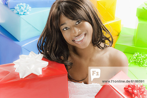 African American woman with birthday presents