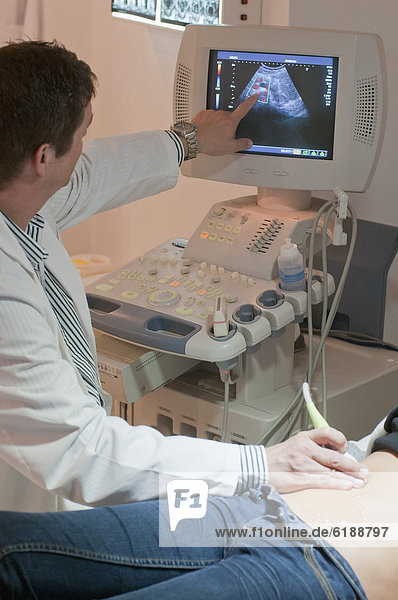 Doctor giving woman a sonogram examination