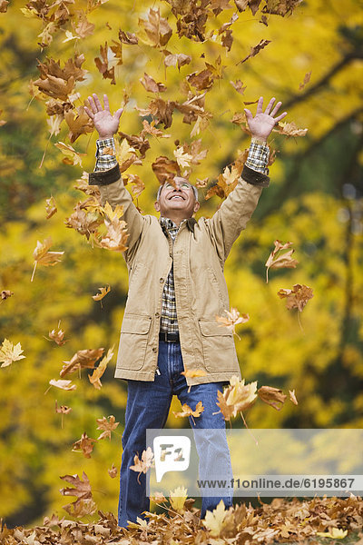 Hispanic man throwing autumn leaves