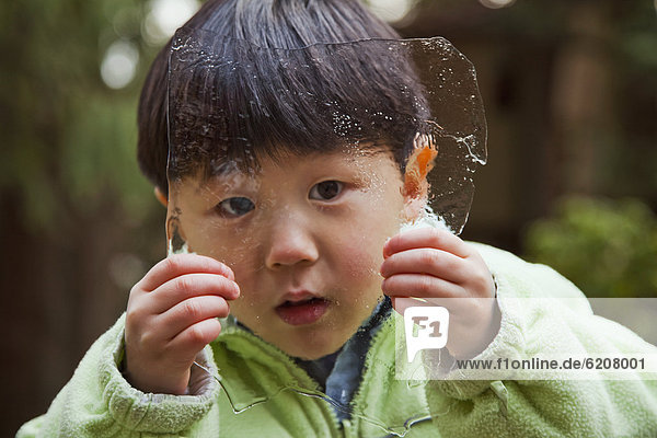 Korean boy holding sheet of ice