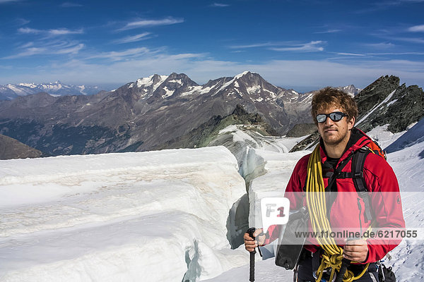 Mountain climber on an alpine tour  Saas Fee  canton of Valais  Alps  Switzerland  Europe