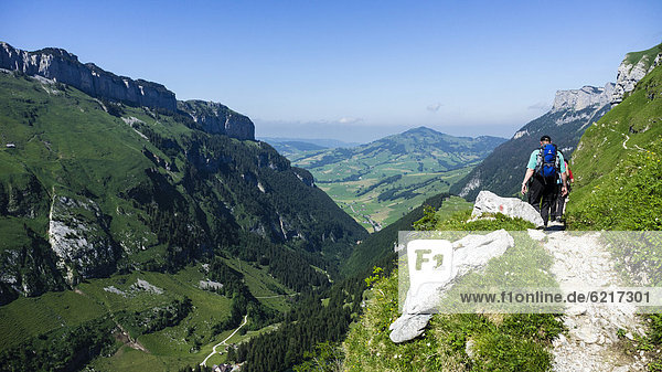 Schrennenweg hiking trail  Alpstein range  Canton of St Gallen  Switzerland  Europe