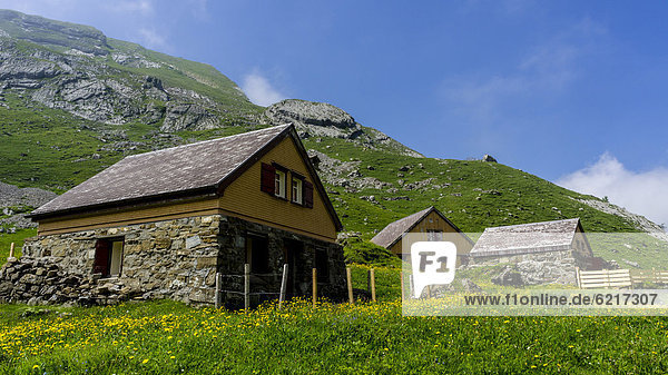 Huts at Meglisalp mountain pasture  Alpstein range  Canton of St Gallen  Switzerland  Europe