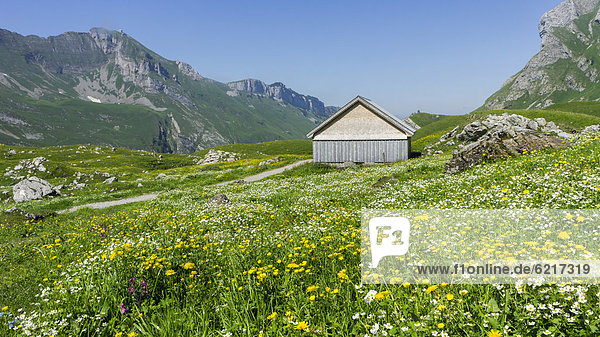 Mountain hut at Meglisalp mountain pasture  Alpstein range  Canton of St Gallen  Switzerland  Europe