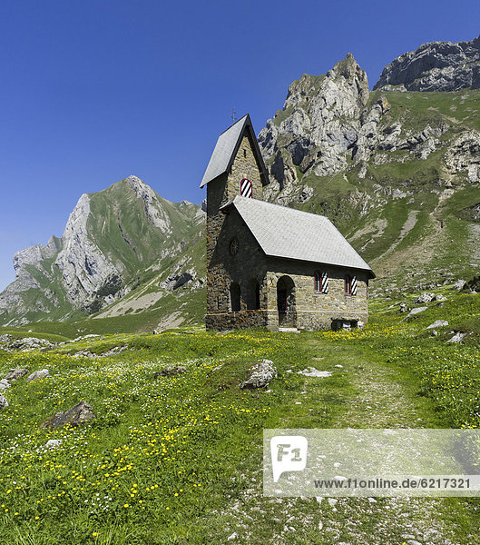 Church at Meglisalp mountain pasture  Alpstein range  Canton of St Gallen  Switzerland  Europe