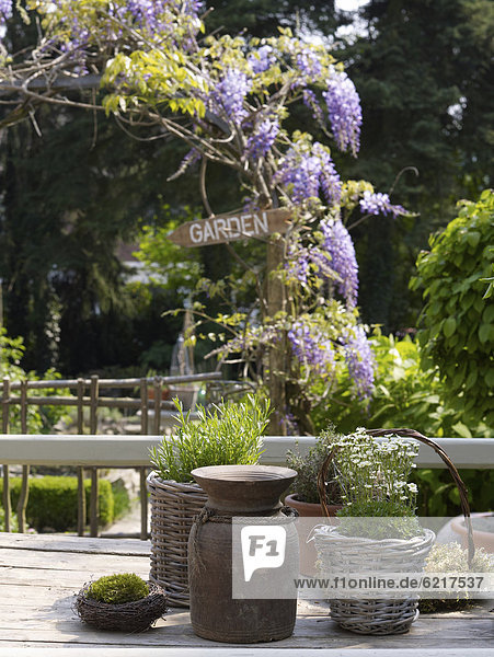 Still life  old ceramic vases and flower pots made of wicker in a romantic garden