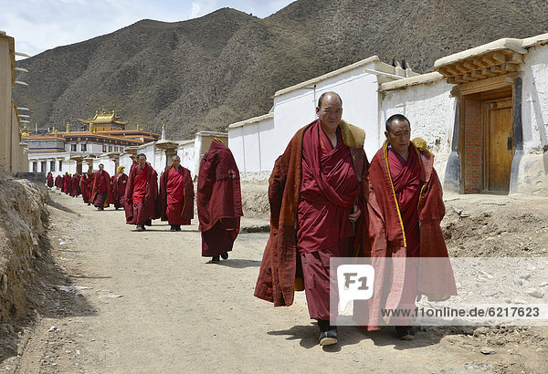 Tibetan Buddhism  monks and novices walking along the buildings wearing red monk's robes  Labrang Monastery  Xiahe  Gansu  formerly known as Amdo  Tibet  China  Asia