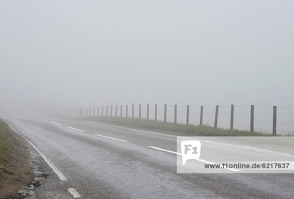 Dichter Nebel auf Straße in den schottischen Highlands  Grampian Mountains  Schottland  Vereinigtes Königreich  Europa